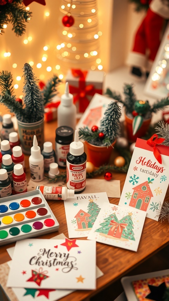 A crafting table with Christmas art supplies, including paints, ornaments, and holiday cards.